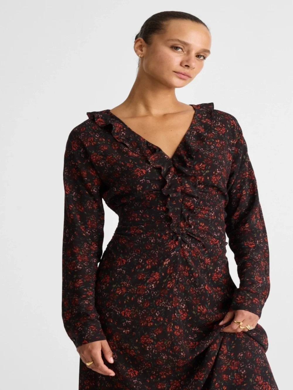 Madewell Ruffled Midi Dress Rose Red Floral Long Sleeve Ruched Women’s Medium